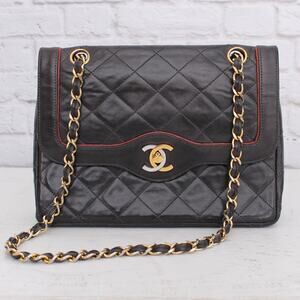 Chanel Paris Limited Two Tone Double Flap Black Lambskin Shoulder Crossbody